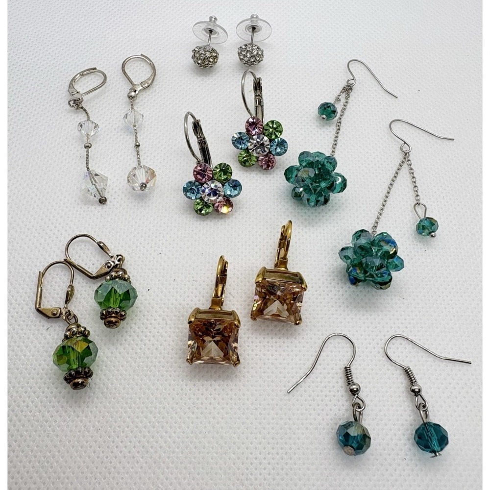 Vintage & Modern 7 Pair Crystal Rhinestone Earrings‎ Lot Colorful Glass Beads